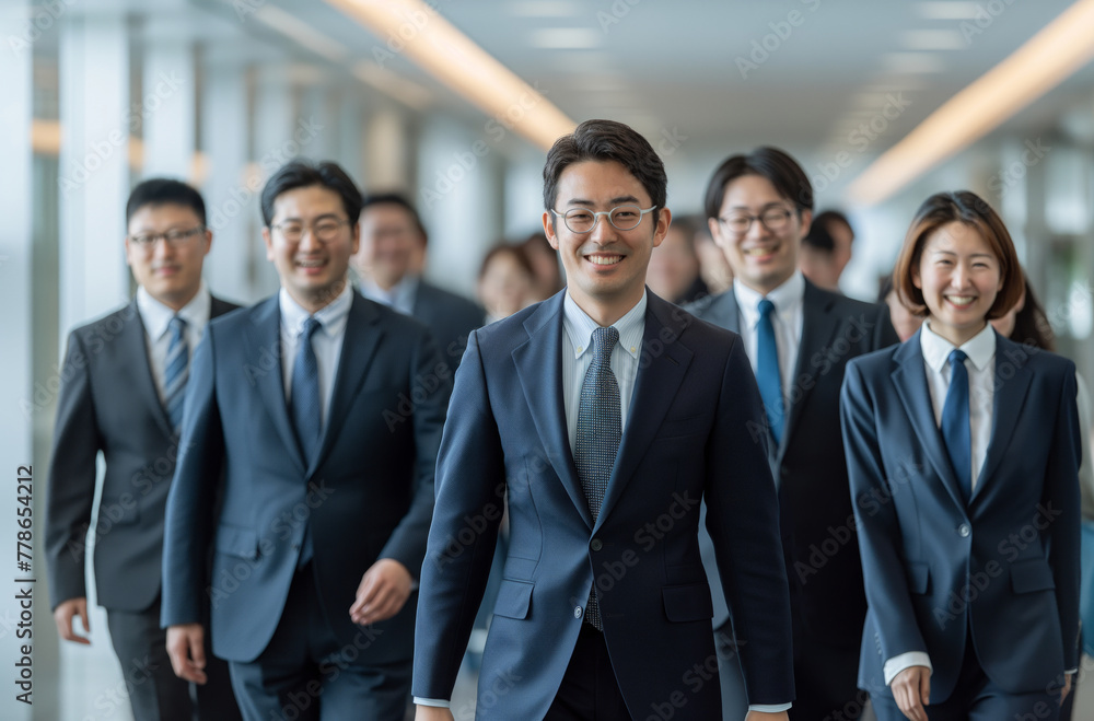 Confident Leadership: Smiling Asian Business Team Advancing in a Corporate Hallway Confident Leadership: Smiling Asian Business Team Advancing in a Corporate Hallway