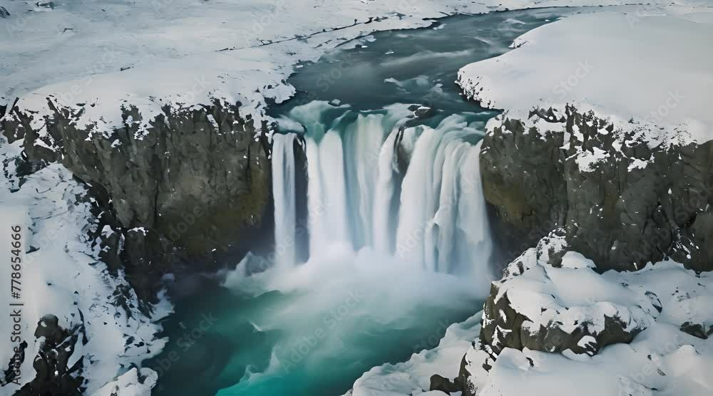 A Winter Wonderland: A Waterfall Surrounded by Snow-Capped Mountains A Winter Wonderland: A Waterfall Surrounded by Snow-Capped Mountains
