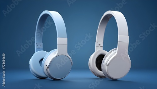 3D wireless headphones mockup. Set of realistic wireless over ear headphones and in ear headphones isolated on blue background
