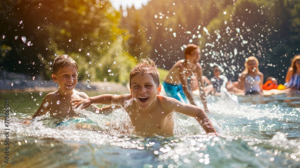 Joyful children splashing in a crystal-clear lake, with their parents cheering from a nearby picnic blanket. Joyful children splashing in a crystal-clear lake, with their parents cheering from a nearby picnic blanket.