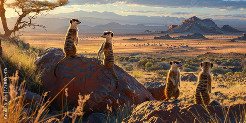 A group of meerkats standing on their hind legs, looking out over the desert landscape in southern Africa photo