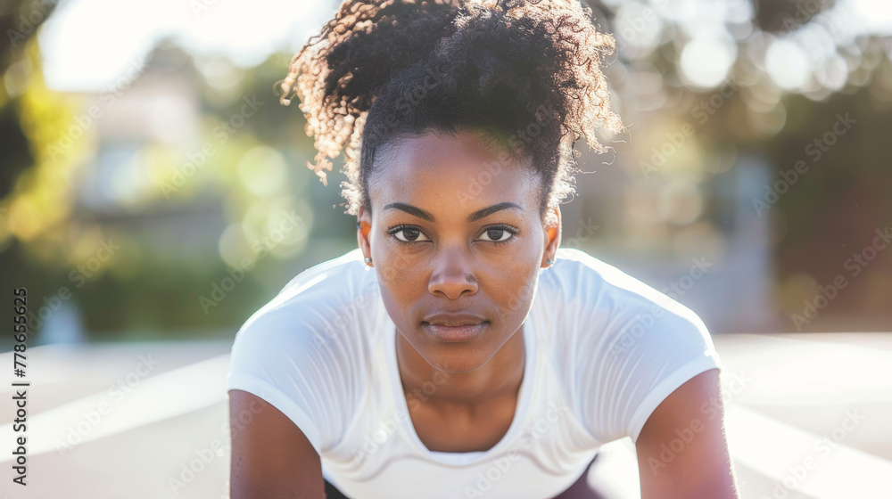 Black afro american woman in her 40s wearing white shirt top exercising outdoor looking directly at the camera Black afro american woman in her 40s wearing white shirt top exercising outdoor looking directly at the camera