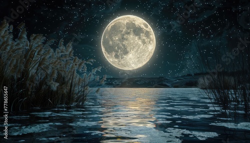Moon reflections on water create a mesmerizing scene, with the moon's shimmering glow mirrored in tranquil lakes, rivers, or oceans