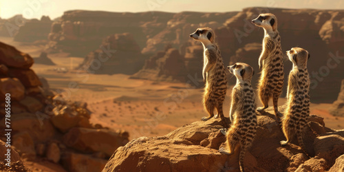 A group of meerkats standing on their hind legs, looking out over the desert landscape in southern Africa © Kien