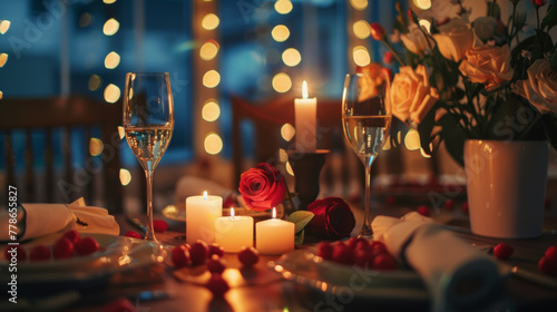 Romantic candlelit dinner table at night photo