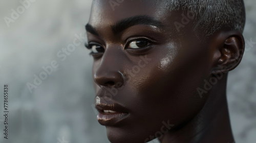 Close-up portrait of a black african female top model with very short white hair style photo