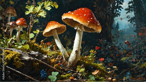 Fantasy landscape with fly agaric mushrooms in autumn forest.