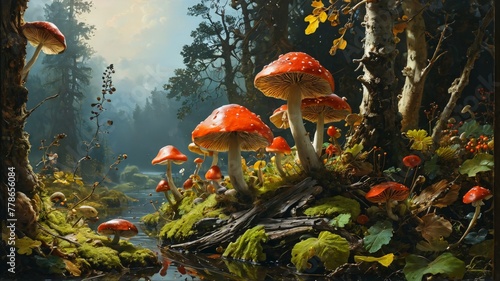 Fantasy landscape with fly agaric mushrooms in autumn forest. © BOJOShop