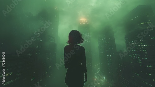 woman in a foggy city