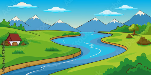 vector illustration capturing the tranquility of a serene mountain landscape at sunset.
