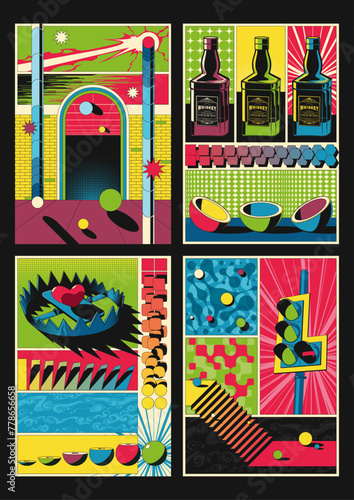 Abstract Posters Template Set. Whiskey Bottles, Trap with Heart, Traffic Light, Arch, Brick Wall. Geometric Shapes, 1980s Colors Background 