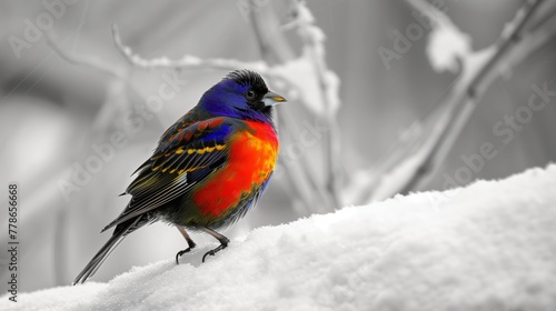 Frosty Elegance: Vibrant Bird Contrasting with the Winter Wonderland - This image showcases a vibrant bird against a snowy backdrop, its colors standing out in stark contrast to the monochrome  © Mehram