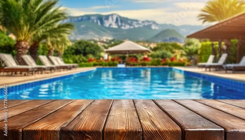 Serenity by the Pool: Empty Table Set Against Summer Scene