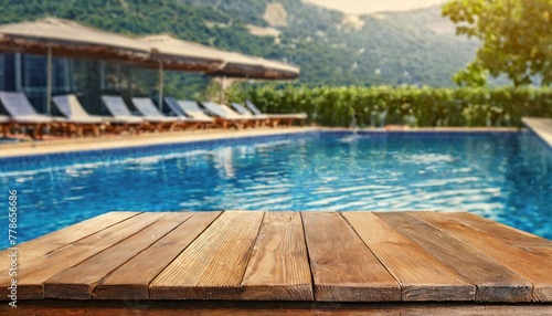 Oasis Oasis: Empty Table Surrounded by Poolside Splendor