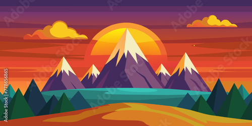 vector illustration capturing the tranquility of a serene mountain landscape at sunset. © Naeem