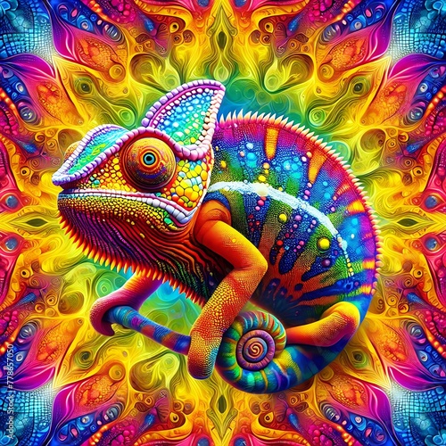 Colourful Chameleon at kaleidoscope pattern background , Mesmerizing View , high resolution, nature, ecology, 3d rendering © Zigma Arts