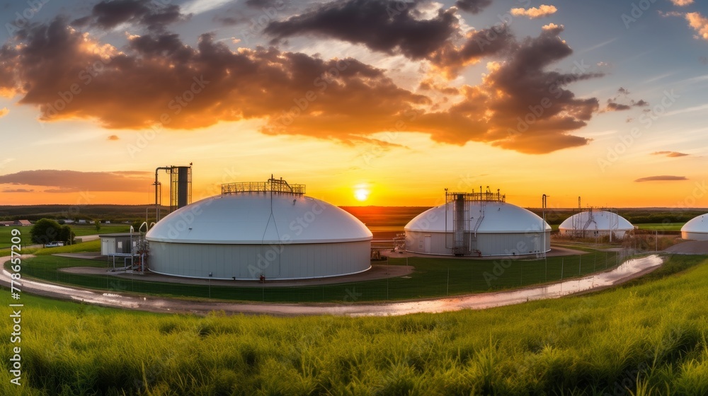 Biogas Plant in Rural Area at Sunset Biogas Plant in Rural Area at Sunset