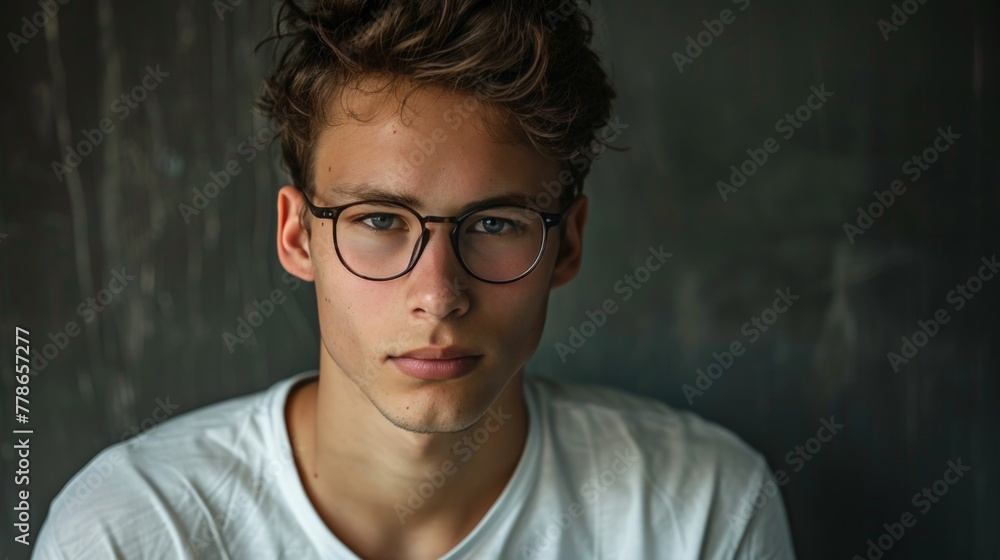 Solo portrait of a confident youth with a minimalist background, highlighting a unique, contemporary style.