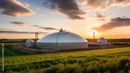 Biogas Plant in Rural Area at Sunset 