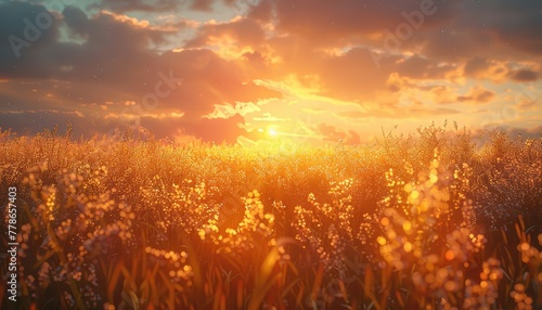 Fields at sunset are bathed in warm  golden light  creating a serene and nostalgic atmosphere