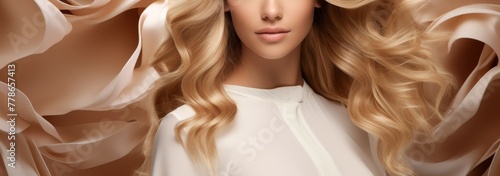 Blonde balayage hair model in swirling vortex 