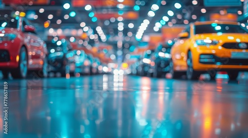 Blurred image of a trade exhibition hall with cars