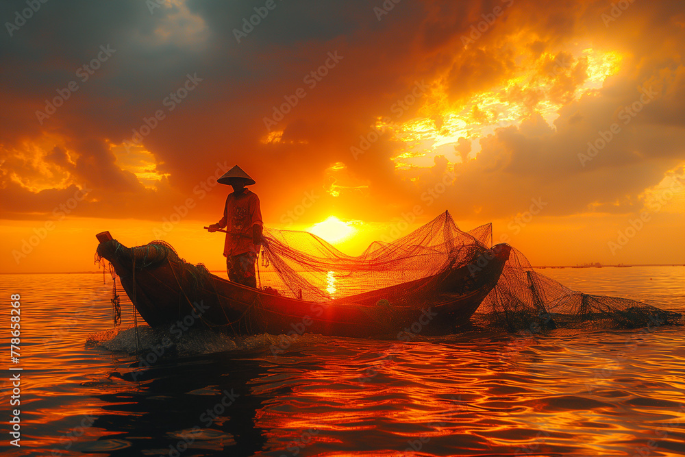 boat at sunset - obrazy, fototapety, plakaty 
