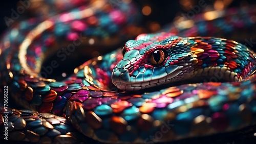 Close-up view of a venomous snake on a black background