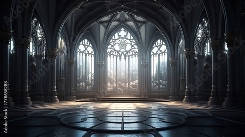 Gorgeous view of gothic hall interior with beautiful window background