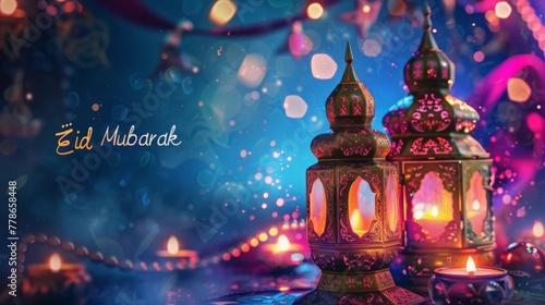 A colorful photo of Eid poster background with the text Eid Mubarak