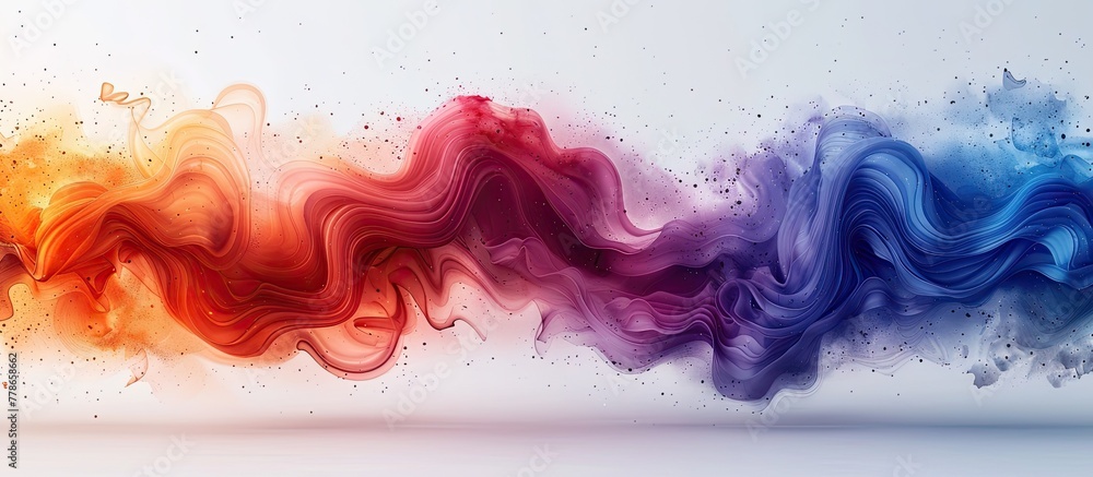 A vibrant cloud of purple, pink, violet, and magenta smoke billows out of a water tube on a blank canvas, creating a mesmerizing art piece reminiscent of a dreamy sky painting
