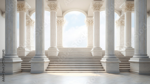 Marble pillars with steps. Classical columns row  building entrance. a row of towering marble columns  their smooth surfaces and intricate details.