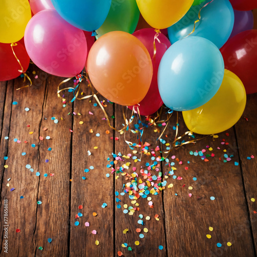 Balloons and confetti on wooden floor. Colorful balloons scattered on a wooden floor. This image exudes a festive and cheerful atmosphere, making it a perfect fit for celebrations, parties, and fun