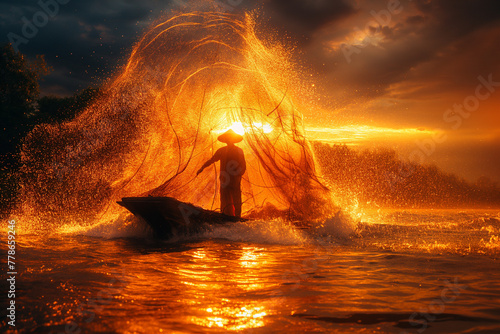 Asia fisherman net using on wooden boat casting net in the Mekong river at sunset 