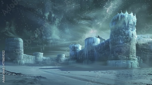 Under the shimmering starlight, ethereal ice castles rise, weaving dreams into the wintry night sky. photo