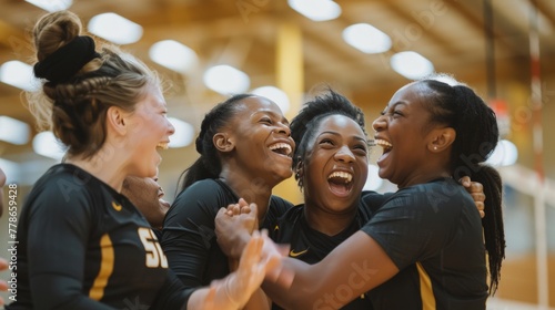 Women of various backgrounds on a volleyball team  celebrating a point  emphasizing unity and diversity.