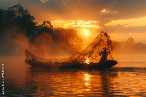 Asia fisherman  in the Mekong river at sunset 