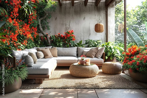 Interior Design of modern patio, Boho-chic style with rattan furniture, colorful cushions, natural elements © Irina Schmidt