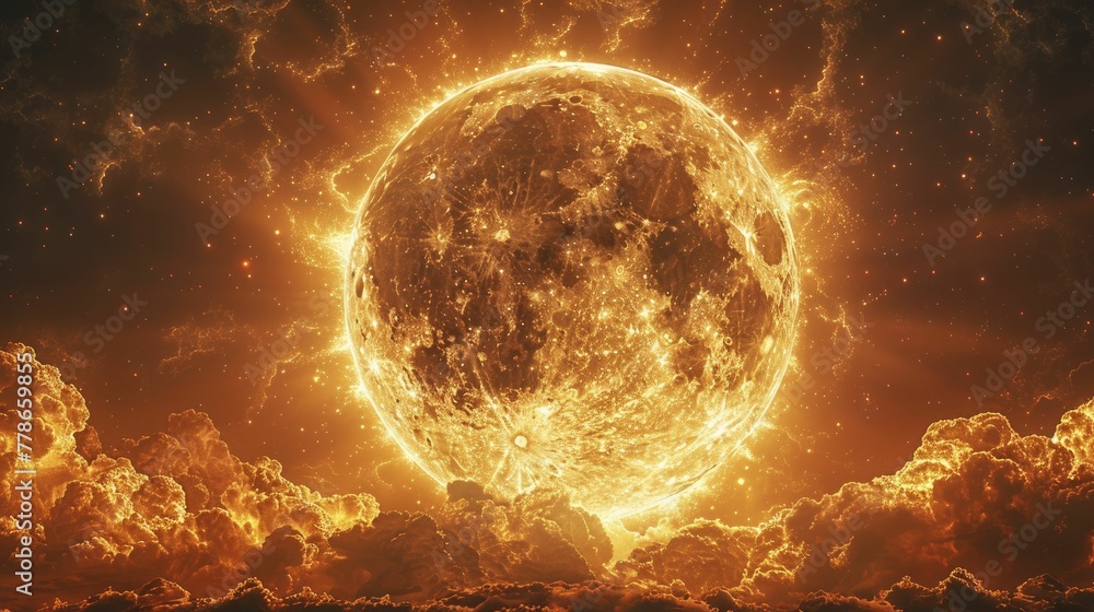 Witness the celestial dance of a blazing solar flare and the radiant full moon colliding on a magical midsummer night. - obrazy, fototapety, plakaty 