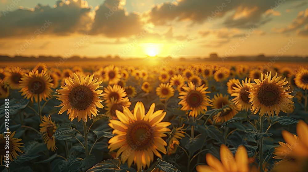 Sunflowers and Sunsets, A Harmonious Blend on a Vibrant Summer Field Backdrop.