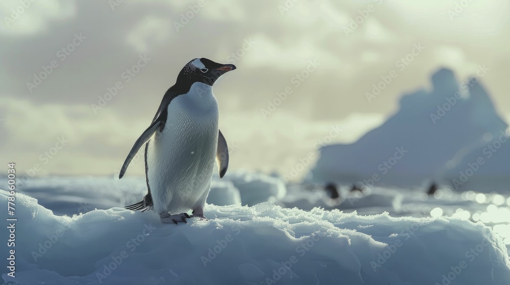Fototapeta premium Penguins and Icebergs, The Playful Life in Winter's Realm