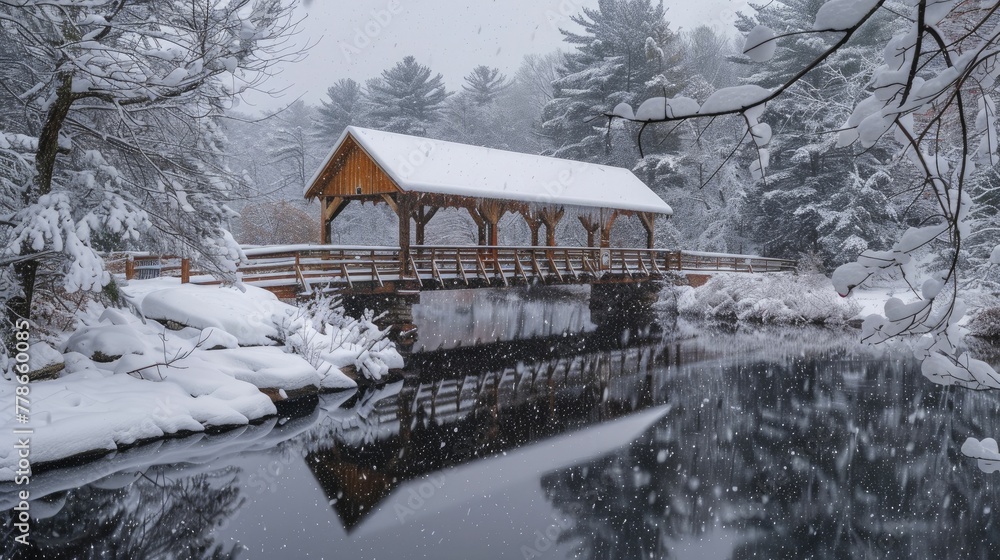 Snow Covered Bridges and River Reflections, The Stillness of Winter. Snow Covered Bridges and River Reflections, The Stillness of Winter.
