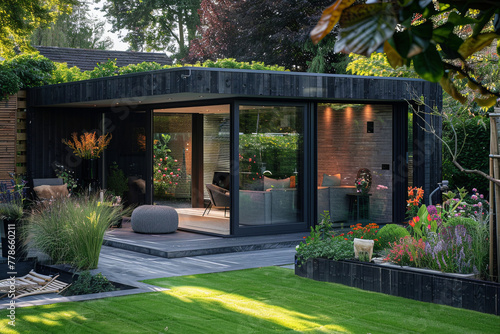 Interior Design of modern patio, interior design in a modern garden room with thin cotswold limestone wall cladding and charred wood finishing. The garden room features cosy lounge interiors.