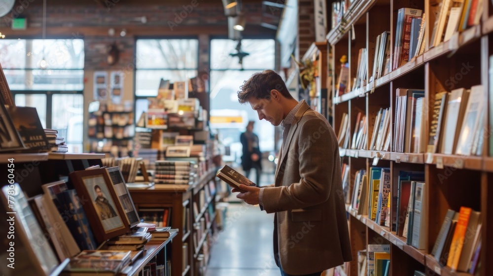 Young professional browsing through a bookstore, selecting books that reflect his diverse interests. Young professional browsing through a bookstore, selecting books that reflect his diverse interests.