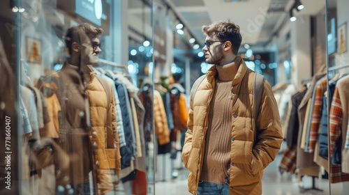 Young man trying on stylish, gender-neutral outfits in a bright, modern store, reflecting on his reflection.