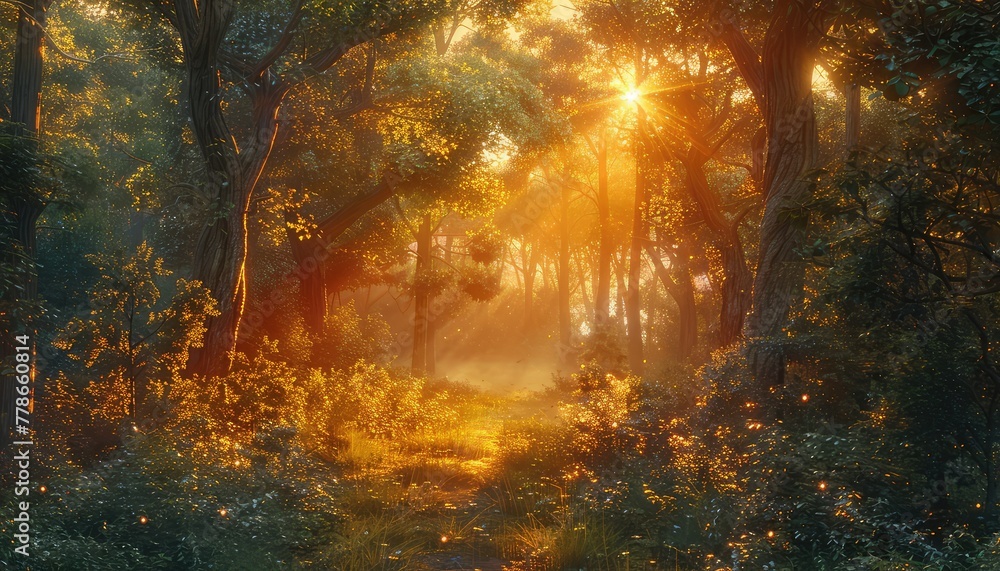 Sunset in the forest creates a magical and mystical ambiance, with sunlight filtering through dense foliage and casting long shadows on the forest floor