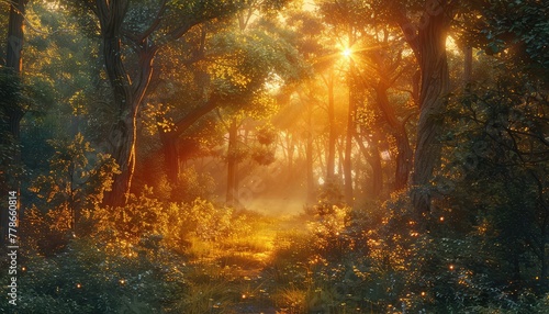Sunset in the forest creates a magical and mystical ambiance, with sunlight filtering through dense foliage and casting long shadows on the forest floor