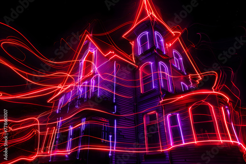 Creepy haunted house neon illustration isolated on black background.