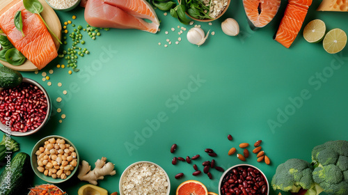 An overhead view of nutritious food items like fish, legumes, and greens spread artfully on a vibrant green background