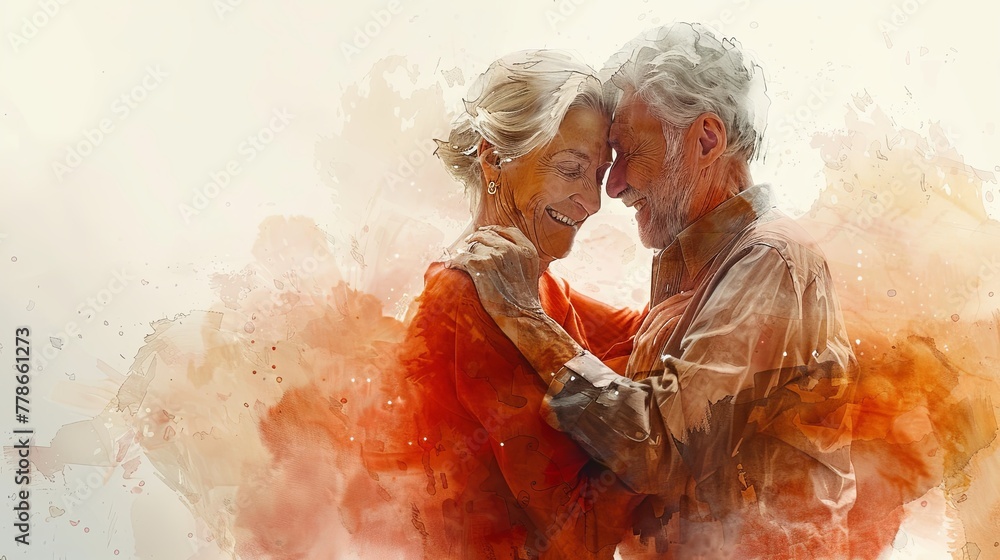 Watercolor painting, Senior couple bonding dancing together spend free time at home, happy moment highlighting lifelong learning and joyful laughing in movement, elderly pensioner exercise activities